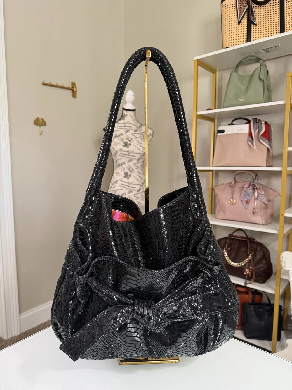 Perlina Black Snakeskin embossed patent leather Bow Shoulder Bag